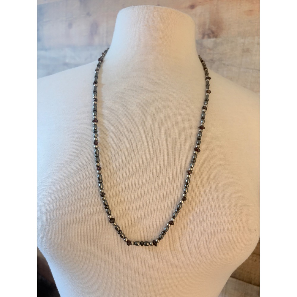 Vintage Hematite and Garnet Beaded Necklace Gunmetal Silver Red 26 Inch